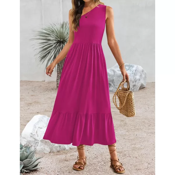 imageZESICA Womens 2024 Summer One Shoulder Sleeveless Casual Tiered Flowy Beach Boho Maxi Dress with PocketsRose