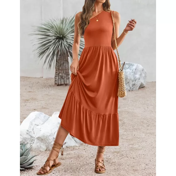 imageZESICA Womens 2024 Summer One Shoulder Sleeveless Casual Tiered Flowy Beach Boho Maxi Dress with PocketsRust