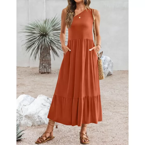 imageZESICA Womens 2024 Summer One Shoulder Sleeveless Casual Tiered Flowy Beach Boho Maxi Dress with PocketsRust