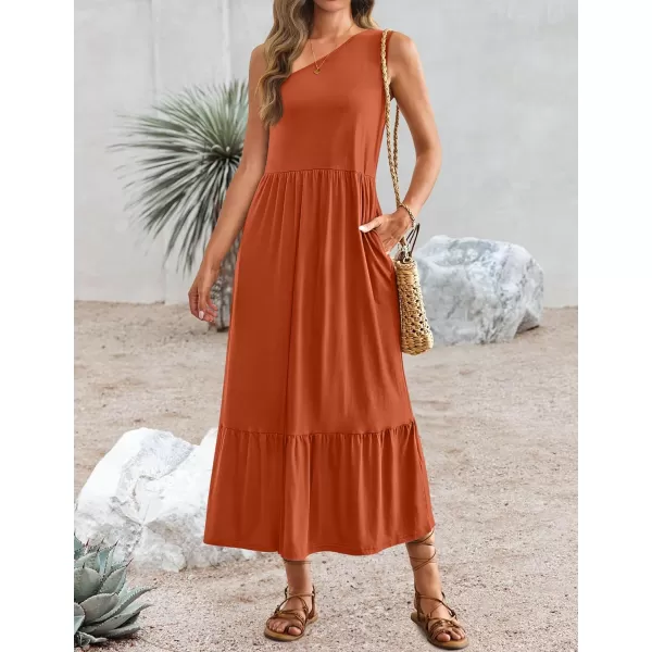 imageZESICA Womens 2024 Summer One Shoulder Sleeveless Casual Tiered Flowy Beach Boho Maxi Dress with PocketsRust