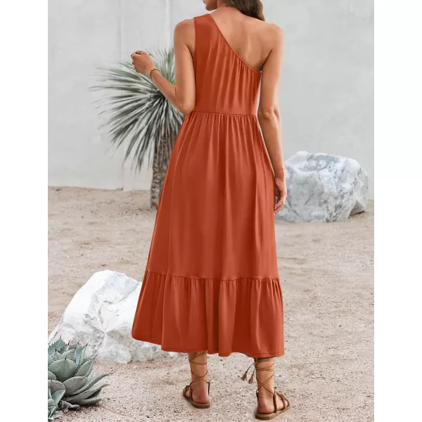 imageZESICA Womens 2024 Summer One Shoulder Sleeveless Casual Tiered Flowy Beach Boho Maxi Dress with PocketsRust