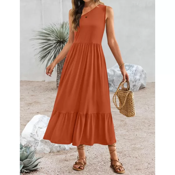 imageZESICA Womens 2024 Summer One Shoulder Sleeveless Casual Tiered Flowy Beach Boho Maxi Dress with PocketsRust