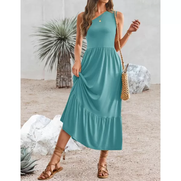 imageZESICA Womens 2024 Summer One Shoulder Sleeveless Casual Tiered Flowy Beach Boho Maxi Dress with PocketsSage