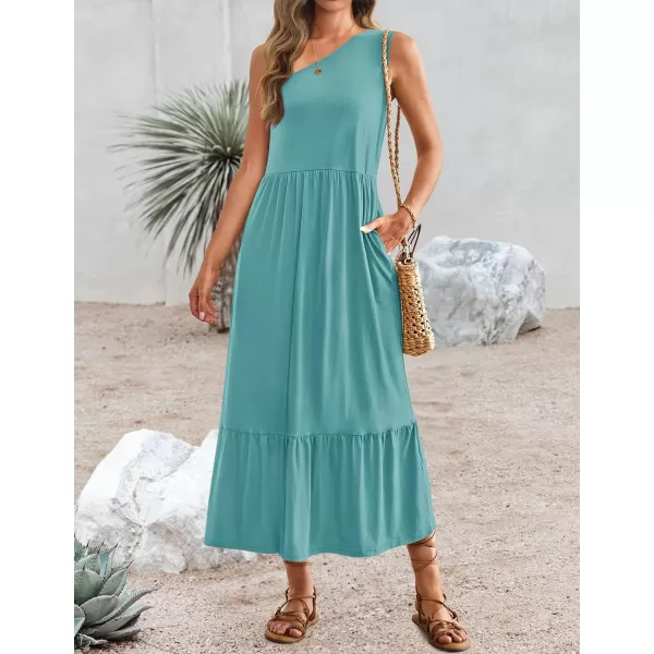 imageZESICA Womens 2024 Summer One Shoulder Sleeveless Casual Tiered Flowy Beach Boho Maxi Dress with PocketsSage