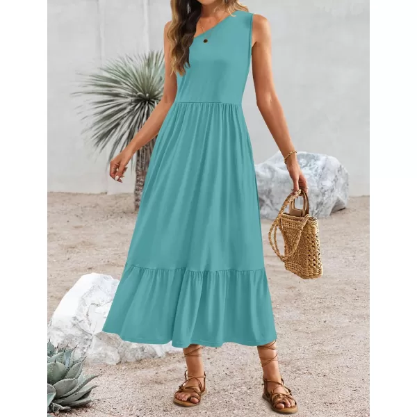 imageZESICA Womens 2024 Summer One Shoulder Sleeveless Casual Tiered Flowy Beach Boho Maxi Dress with PocketsSage