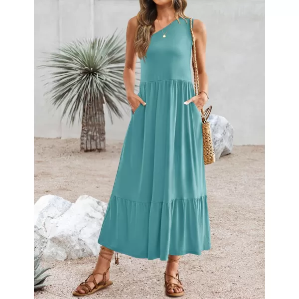 imageZESICA Womens 2024 Summer One Shoulder Sleeveless Casual Tiered Flowy Beach Boho Maxi Dress with PocketsSage