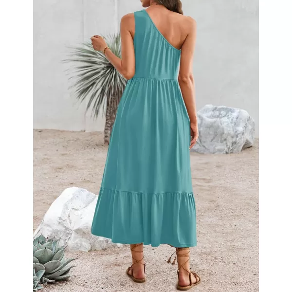 imageZESICA Womens 2024 Summer One Shoulder Sleeveless Casual Tiered Flowy Beach Boho Maxi Dress with PocketsSage