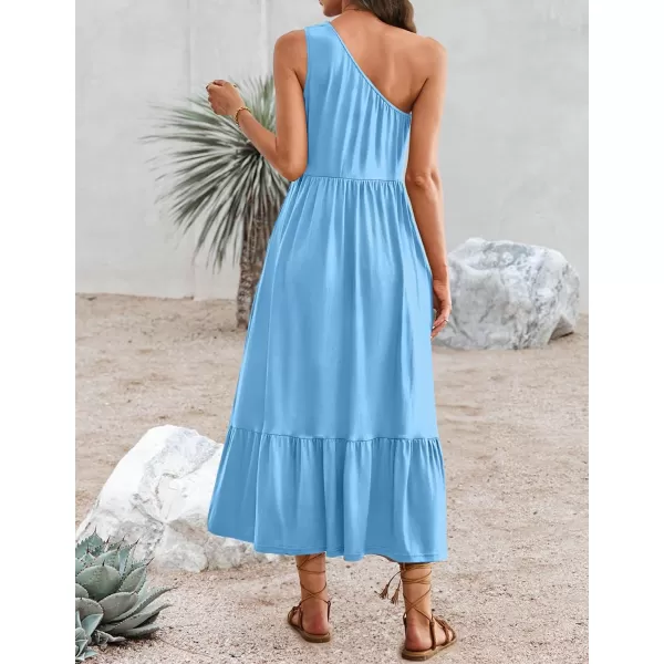 imageZESICA Womens 2024 Summer One Shoulder Sleeveless Casual Tiered Flowy Beach Boho Maxi Dress with PocketsSky