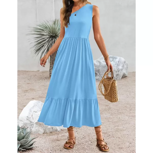 imageZESICA Womens 2024 Summer One Shoulder Sleeveless Casual Tiered Flowy Beach Boho Maxi Dress with PocketsSky