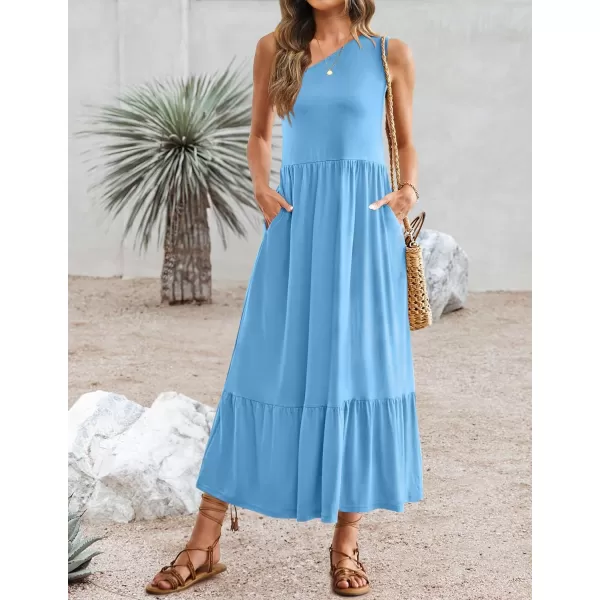 imageZESICA Womens 2024 Summer One Shoulder Sleeveless Casual Tiered Flowy Beach Boho Maxi Dress with PocketsSky