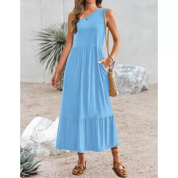 imageZESICA Womens 2024 Summer One Shoulder Sleeveless Casual Tiered Flowy Beach Boho Maxi Dress with PocketsSky