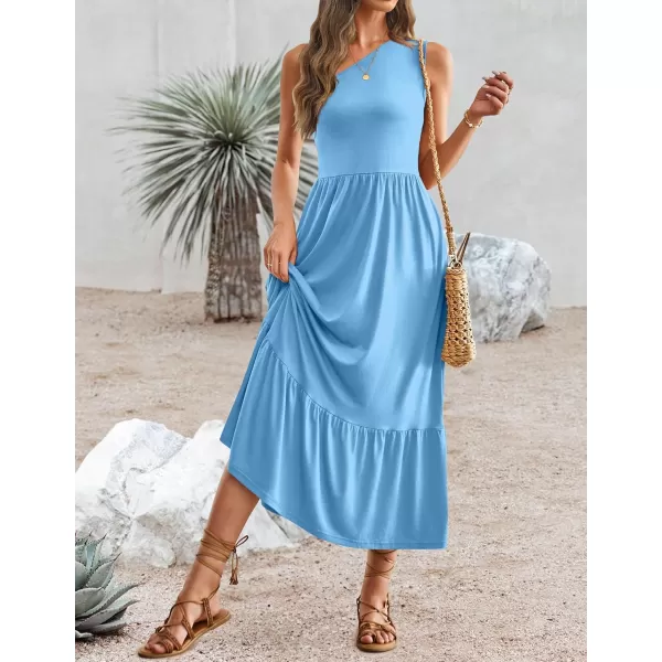 imageZESICA Womens 2024 Summer One Shoulder Sleeveless Casual Tiered Flowy Beach Boho Maxi Dress with PocketsSky