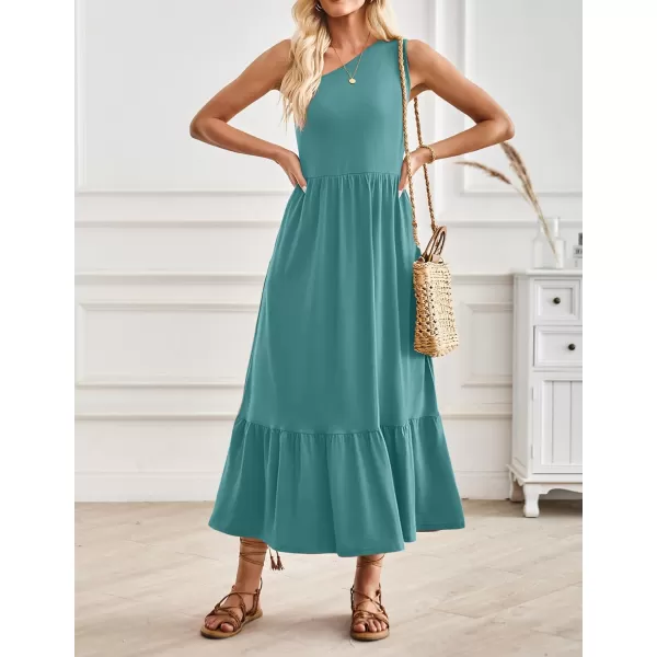 imageZESICA Womens 2024 Summer One Shoulder Sleeveless Casual Tiered Flowy Beach Boho Maxi Dress with PocketsTurquoise