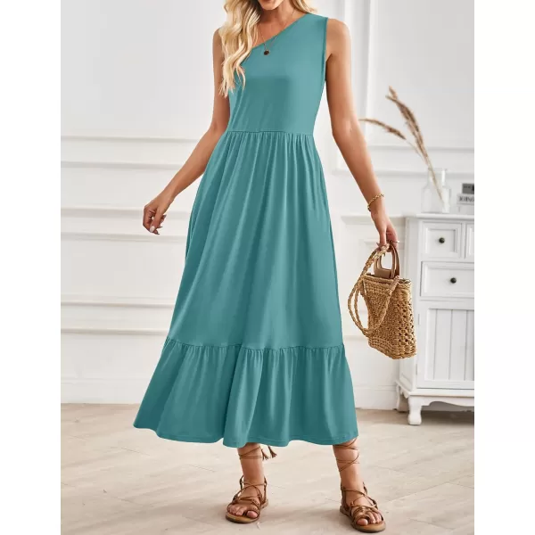 imageZESICA Womens 2024 Summer One Shoulder Sleeveless Casual Tiered Flowy Beach Boho Maxi Dress with PocketsTurquoise