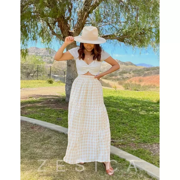imageZESICA Womens 2024 Summer Plaid Flower Print Elastic High Waist Flowy A Line Maxi Skirt with PocketsApricot