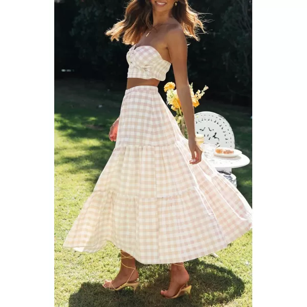 imageZESICA Womens 2024 Summer Plaid Flower Print Elastic High Waist Flowy A Line Maxi Skirt with PocketsApricot