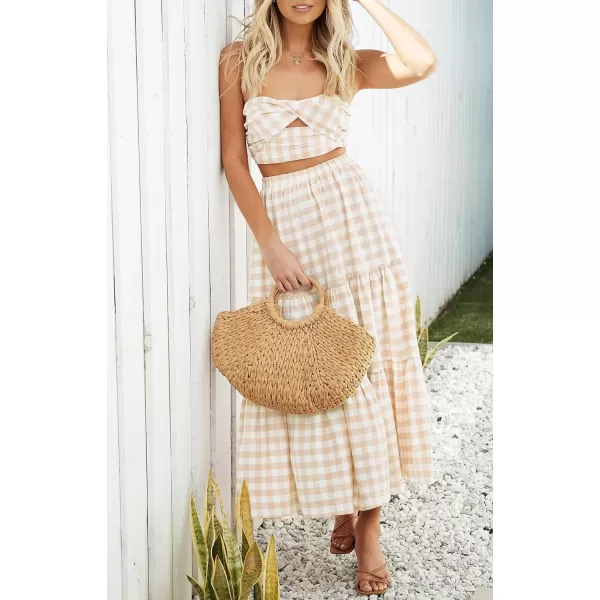imageZESICA Womens 2024 Summer Plaid Flower Print Elastic High Waist Flowy A Line Maxi Skirt with PocketsApricot