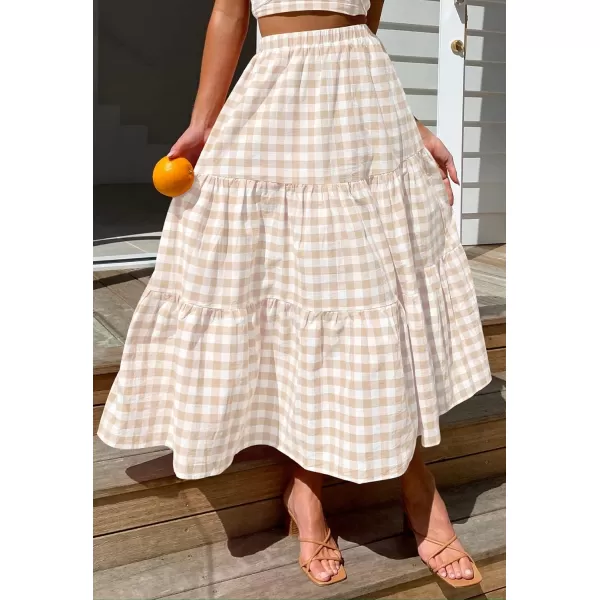 imageZESICA Womens 2024 Summer Plaid Flower Print Elastic High Waist Flowy A Line Maxi Skirt with PocketsApricot