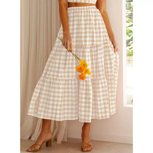 imageZESICA Womens 2024 Summer Plaid Flower Print Elastic High Waist Flowy A Line Maxi Skirt with PocketsApricot