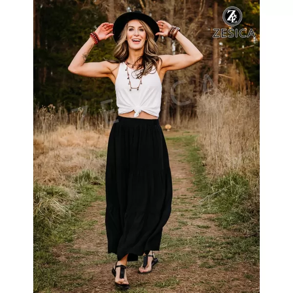imageZESICA Womens 2024 Summer Plaid Flower Print Elastic High Waist Flowy A Line Maxi Skirt with PocketsBlack