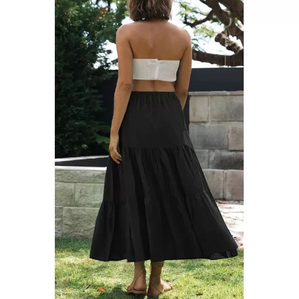 imageZESICA Womens 2024 Summer Plaid Flower Print Elastic High Waist Flowy A Line Maxi Skirt with PocketsBlack