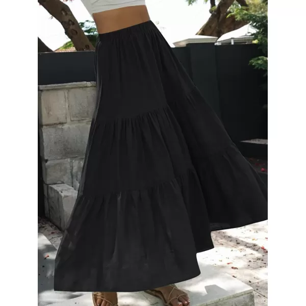 imageZESICA Womens 2024 Summer Plaid Flower Print Elastic High Waist Flowy A Line Maxi Skirt with PocketsBlack