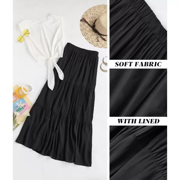 imageZESICA Womens 2024 Summer Plaid Flower Print Elastic High Waist Flowy A Line Maxi Skirt with PocketsBlack
