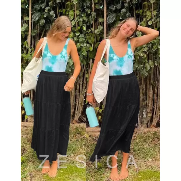 imageZESICA Womens 2024 Summer Plaid Flower Print Elastic High Waist Flowy A Line Maxi Skirt with PocketsBlack