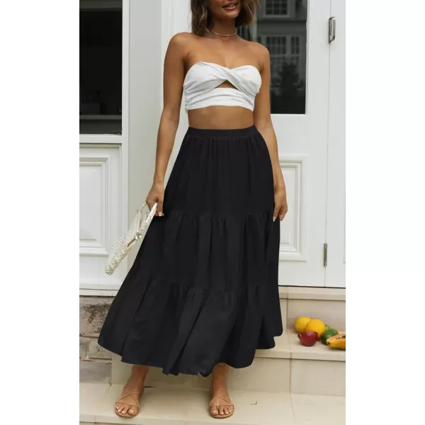 imageZESICA Womens 2024 Summer Plaid Flower Print Elastic High Waist Flowy A Line Maxi Skirt with PocketsBlack