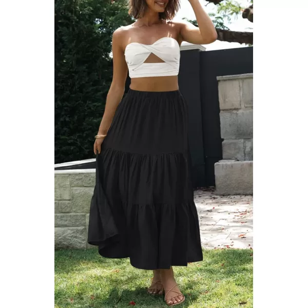 imageZESICA Womens 2024 Summer Plaid Flower Print Elastic High Waist Flowy A Line Maxi Skirt with PocketsBlack