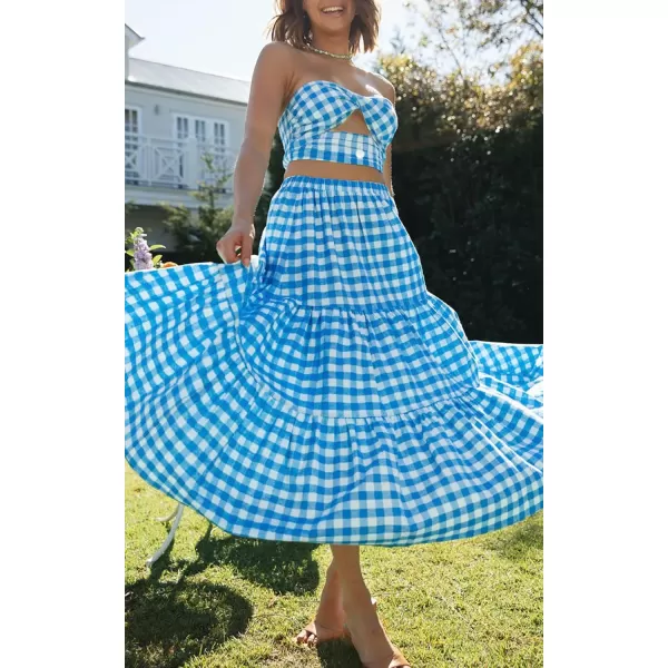 imageZESICA Womens 2024 Summer Plaid Flower Print Elastic High Waist Flowy A Line Maxi Skirt with PocketsBrightblue