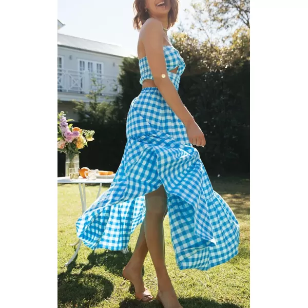 imageZESICA Womens 2024 Summer Plaid Flower Print Elastic High Waist Flowy A Line Maxi Skirt with PocketsBrightblue