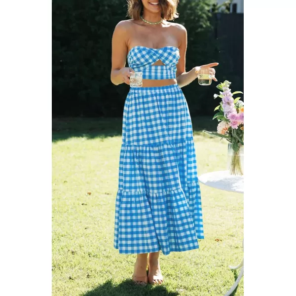imageZESICA Womens 2024 Summer Plaid Flower Print Elastic High Waist Flowy A Line Maxi Skirt with PocketsBrightblue