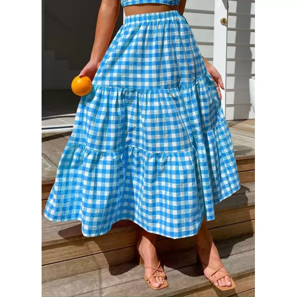 imageZESICA Womens 2024 Summer Plaid Flower Print Elastic High Waist Flowy A Line Maxi Skirt with PocketsBrightblue