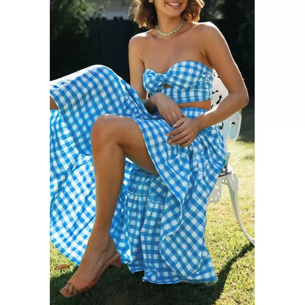 imageZESICA Womens 2024 Summer Plaid Flower Print Elastic High Waist Flowy A Line Maxi Skirt with PocketsBrightblue