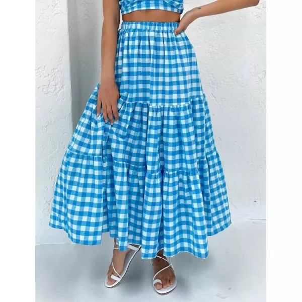 imageZESICA Womens 2024 Summer Plaid Flower Print Elastic High Waist Flowy A Line Maxi Skirt with PocketsBrightblue