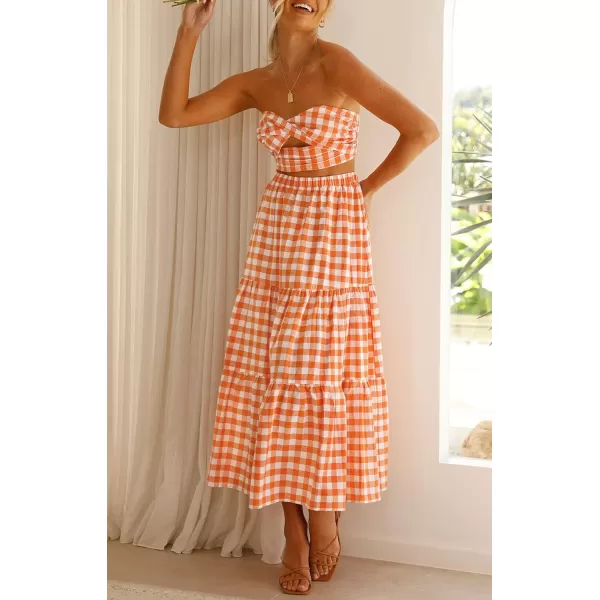 imageZESICA Womens 2024 Summer Plaid Flower Print Elastic High Waist Flowy A Line Maxi Skirt with PocketsBrightorange