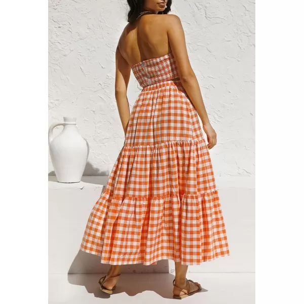 imageZESICA Womens 2024 Summer Plaid Flower Print Elastic High Waist Flowy A Line Maxi Skirt with PocketsBrightorange