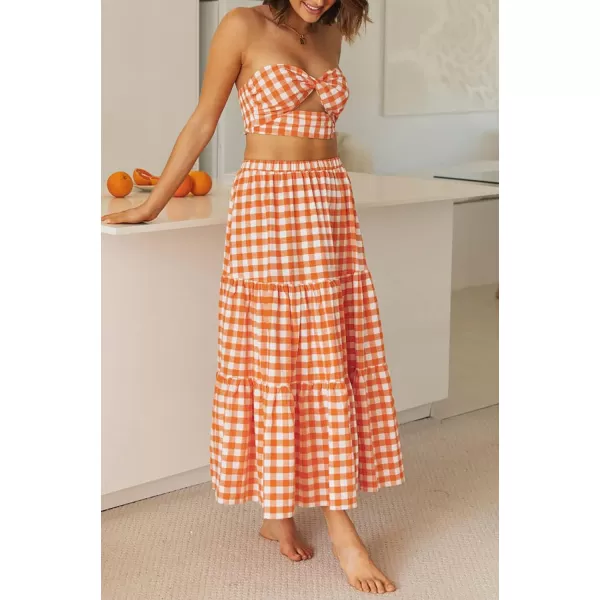 imageZESICA Womens 2024 Summer Plaid Flower Print Elastic High Waist Flowy A Line Maxi Skirt with PocketsBrightorange
