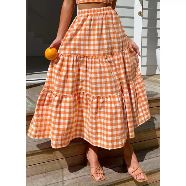 imageZESICA Womens 2024 Summer Plaid Flower Print Elastic High Waist Flowy A Line Maxi Skirt with PocketsBrightorange