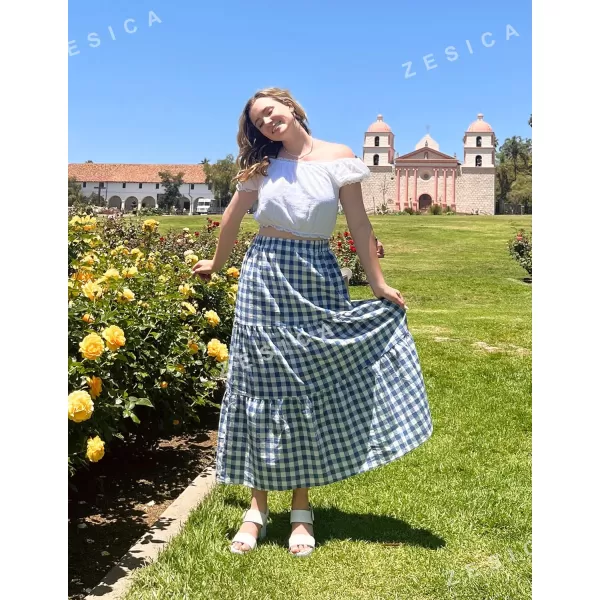 imageZESICA Womens 2024 Summer Plaid Flower Print Elastic High Waist Flowy A Line Maxi Skirt with PocketsDustyblue