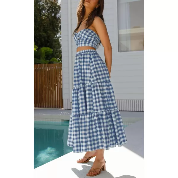imageZESICA Womens 2024 Summer Plaid Flower Print Elastic High Waist Flowy A Line Maxi Skirt with PocketsDustyblue