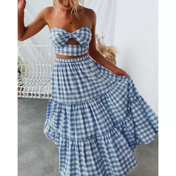 imageZESICA Womens 2024 Summer Plaid Flower Print Elastic High Waist Flowy A Line Maxi Skirt with PocketsDustyblue