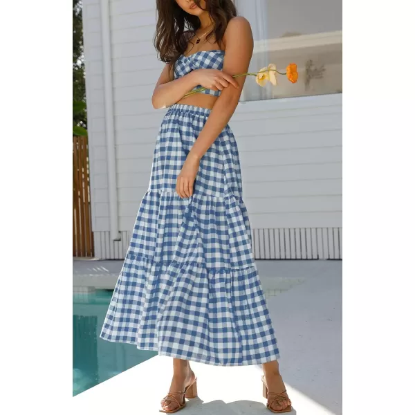 imageZESICA Womens 2024 Summer Plaid Flower Print Elastic High Waist Flowy A Line Maxi Skirt with PocketsDustyblue