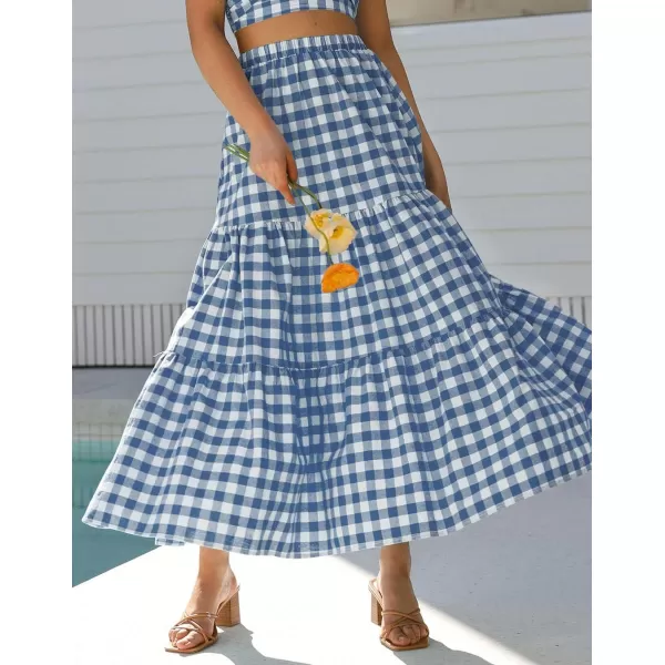imageZESICA Womens 2024 Summer Plaid Flower Print Elastic High Waist Flowy A Line Maxi Skirt with PocketsDustyblue