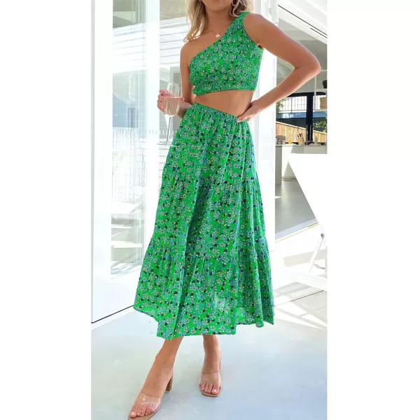 imageZESICA Womens 2024 Summer Plaid Flower Print Elastic High Waist Flowy A Line Maxi Skirt with PocketsGrassgreen