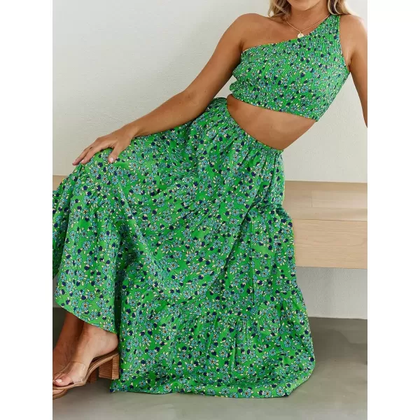 imageZESICA Womens 2024 Summer Plaid Flower Print Elastic High Waist Flowy A Line Maxi Skirt with PocketsGrassgreen