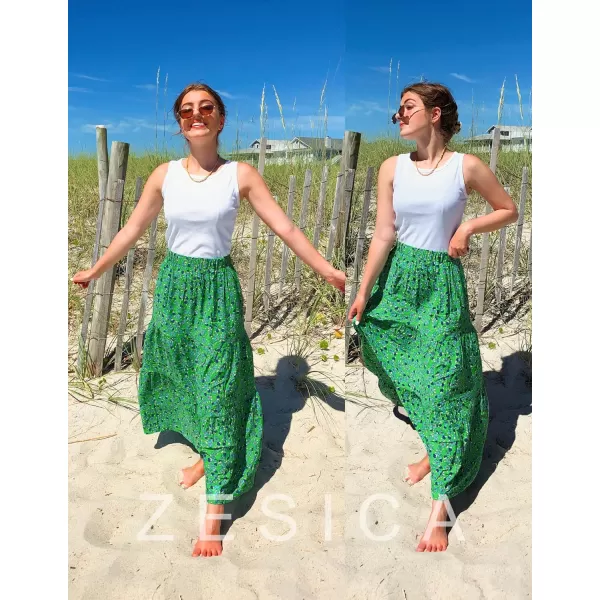 imageZESICA Womens 2024 Summer Plaid Flower Print Elastic High Waist Flowy A Line Maxi Skirt with PocketsGrassgreen