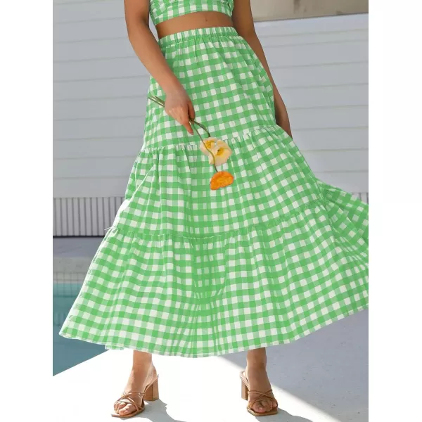 imageZESICA Womens 2024 Summer Plaid Flower Print Elastic High Waist Flowy A Line Maxi Skirt with PocketsGreen