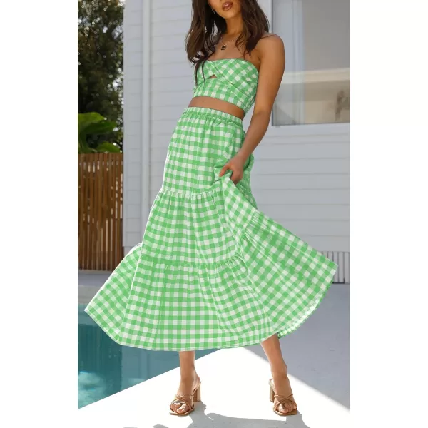imageZESICA Womens 2024 Summer Plaid Flower Print Elastic High Waist Flowy A Line Maxi Skirt with PocketsGreen